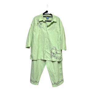 Vintage 90s Embroidered Grannycore Pastel Green Coordinating Top and Pants Set